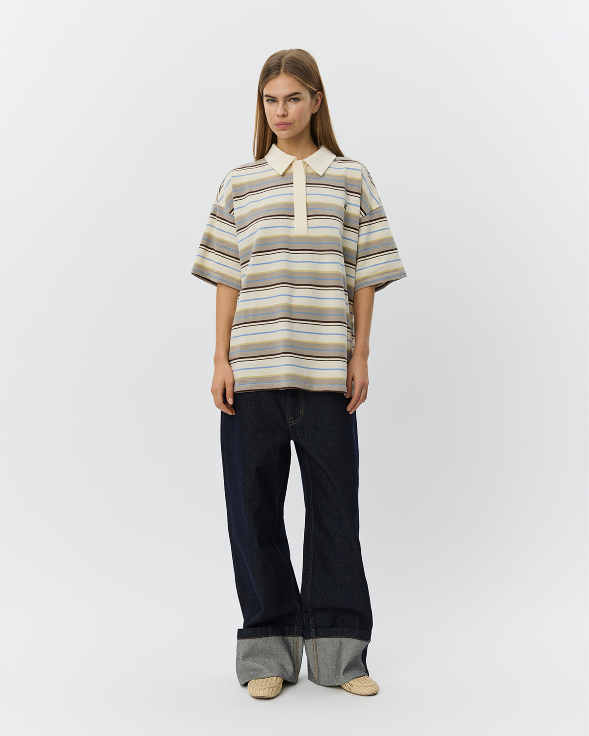 b*o様 ERNEST W. BAKER PIN STRIPE POLO Ernest W. Baker: White & Green Striped Polo | SSENSE